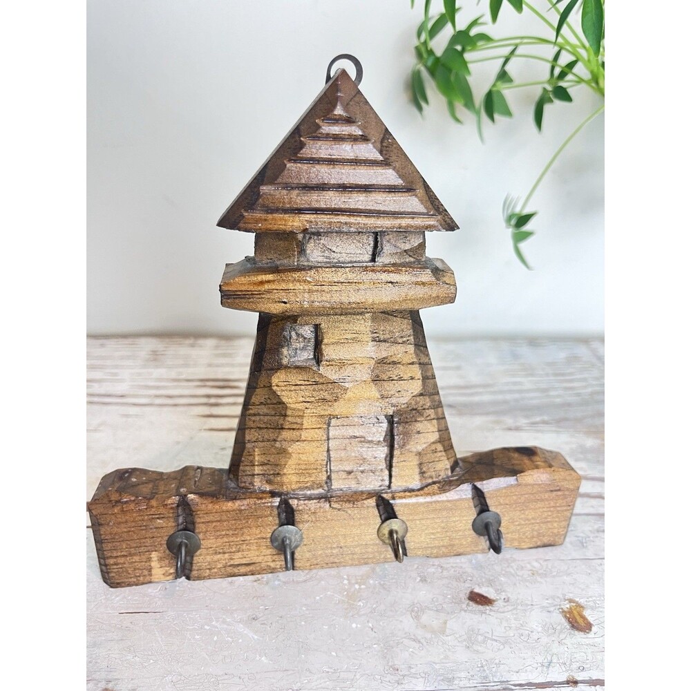 Vintage Nautical Hand Carved Lighthouse Wall Hanging Keys Holder Coastal Beach